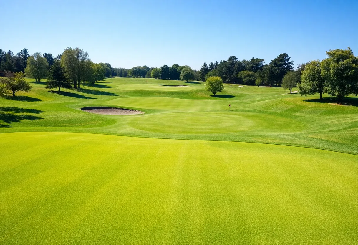 A stunning view of a luxurious golf course with rolling greens