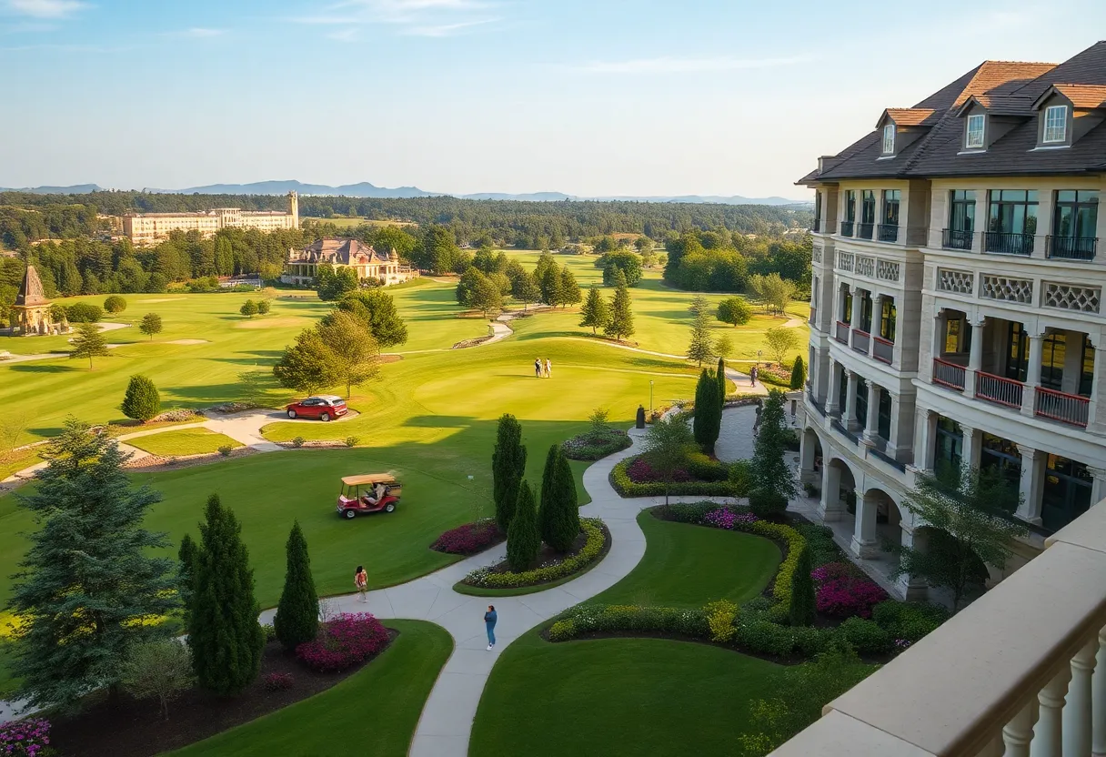 A pristine golf hotel overlooking a well-maintained golf course