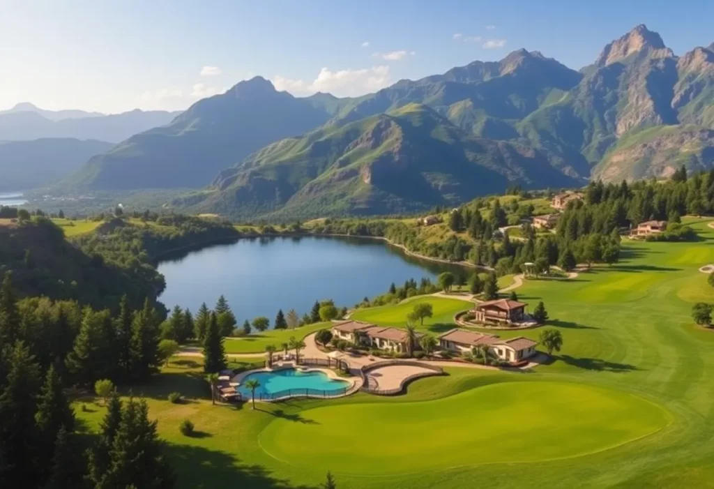 Scenic view of a luxury golf course with beautiful landscapes.