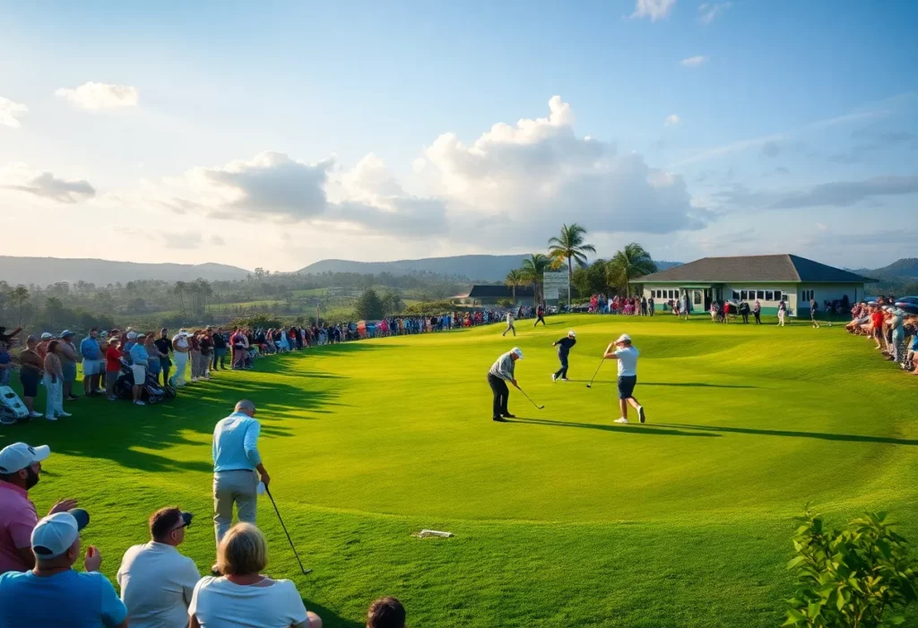 Golfers participating in a major tournament on a scenic golf course.