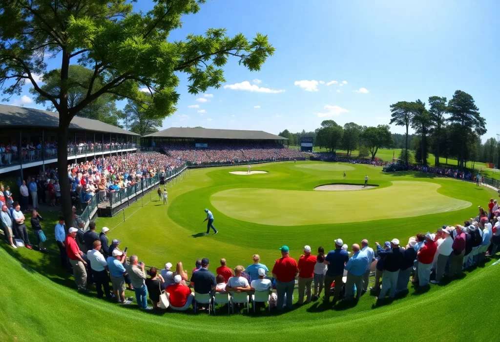 Golf tournament at Muirfield Village with crowd and lush fairways