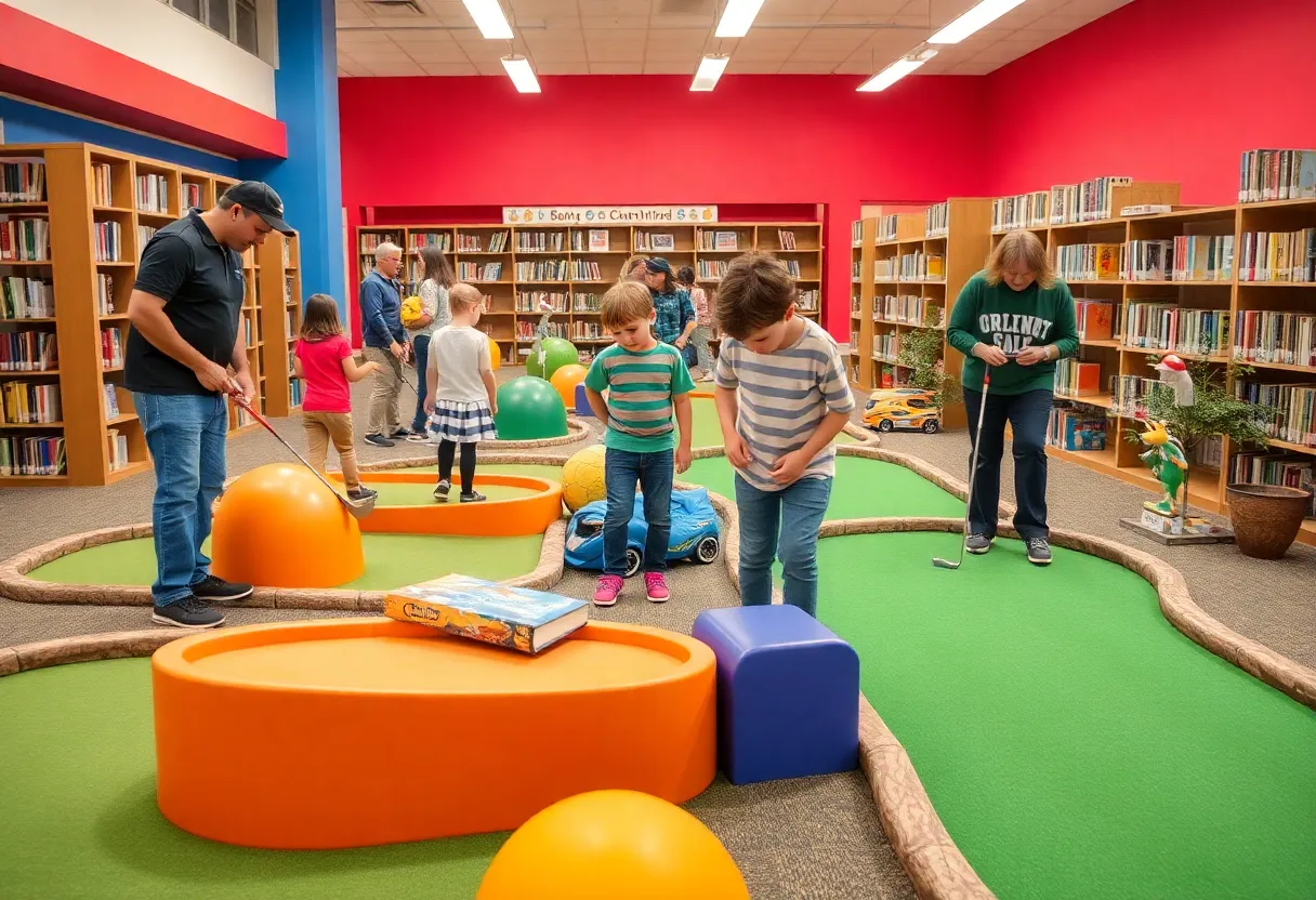 Families enjoying a mini golf event in a library setting