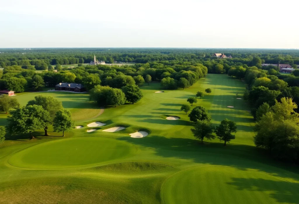 Scenic view of Muirfield Village Golf Club with green fairways and trees.