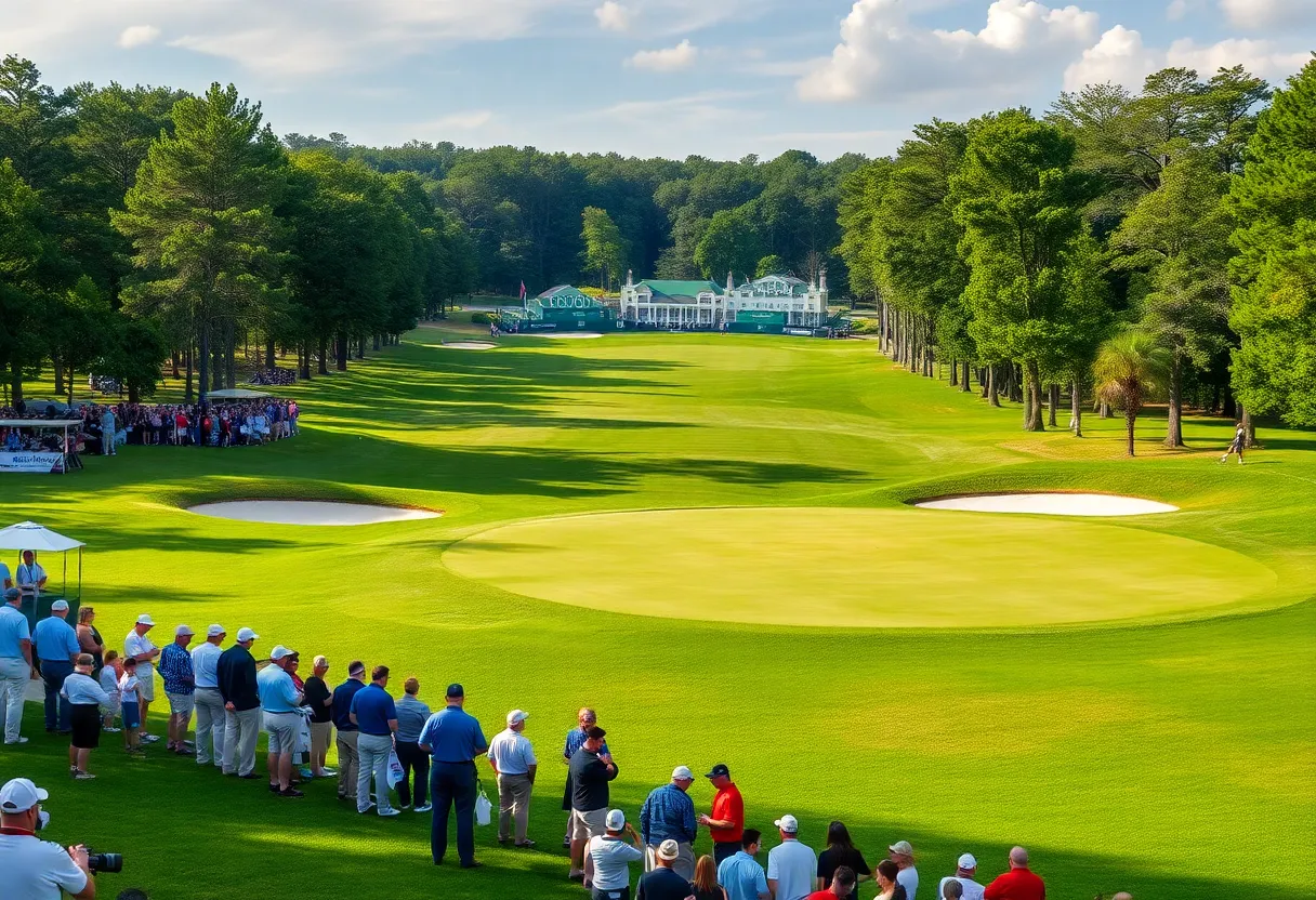 A view of Muirfield Village Golf Club during the Memorial Tournament with spectators and lush green fairways.