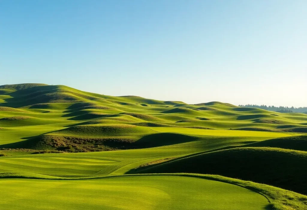 A scenic view of a modern golf course with innovative design features.