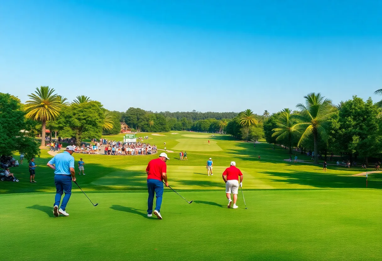 A scenic view of a golf tournament in progress at the New Zealand Open.