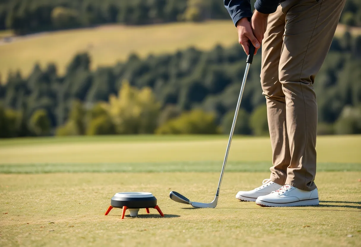 A golfer practicing putting on a green with portable equipment.