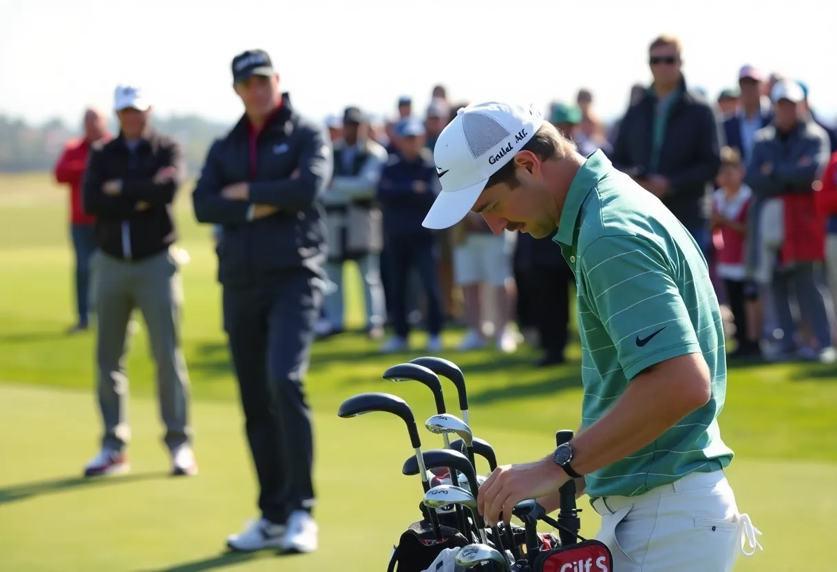 Golfer adjusting clubs during a tournament