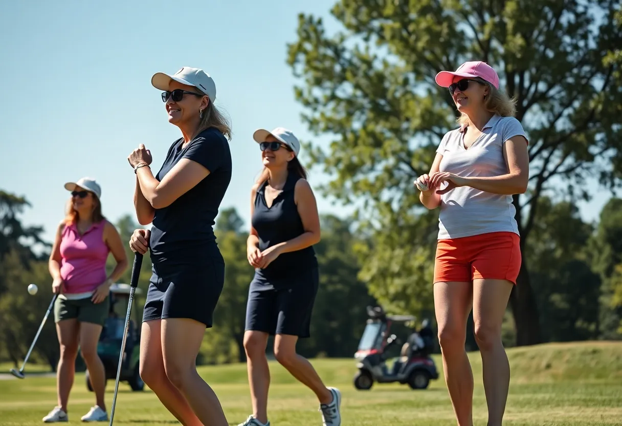 Women golfers engaging in a friendly game at the golf course.