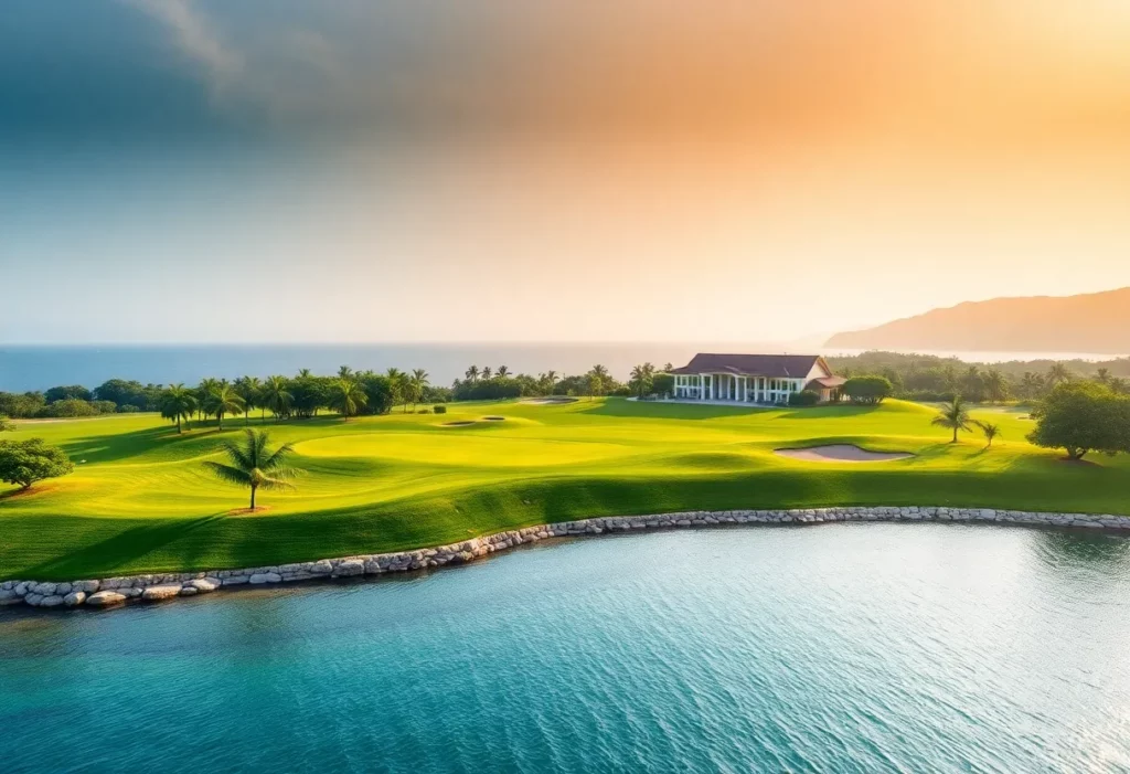 Aerial view of Shanqin Bay Golf Course showcasing fairways and ocean views