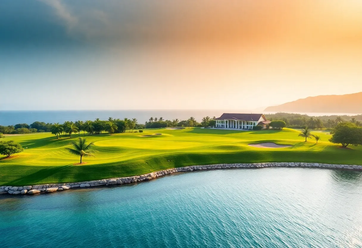 Aerial view of Shanqin Bay Golf Course showcasing fairways and ocean views