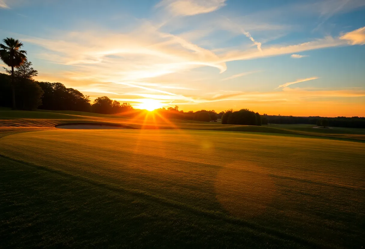 A vibrant sunset over a golf course, symbolizing sports partnerships.