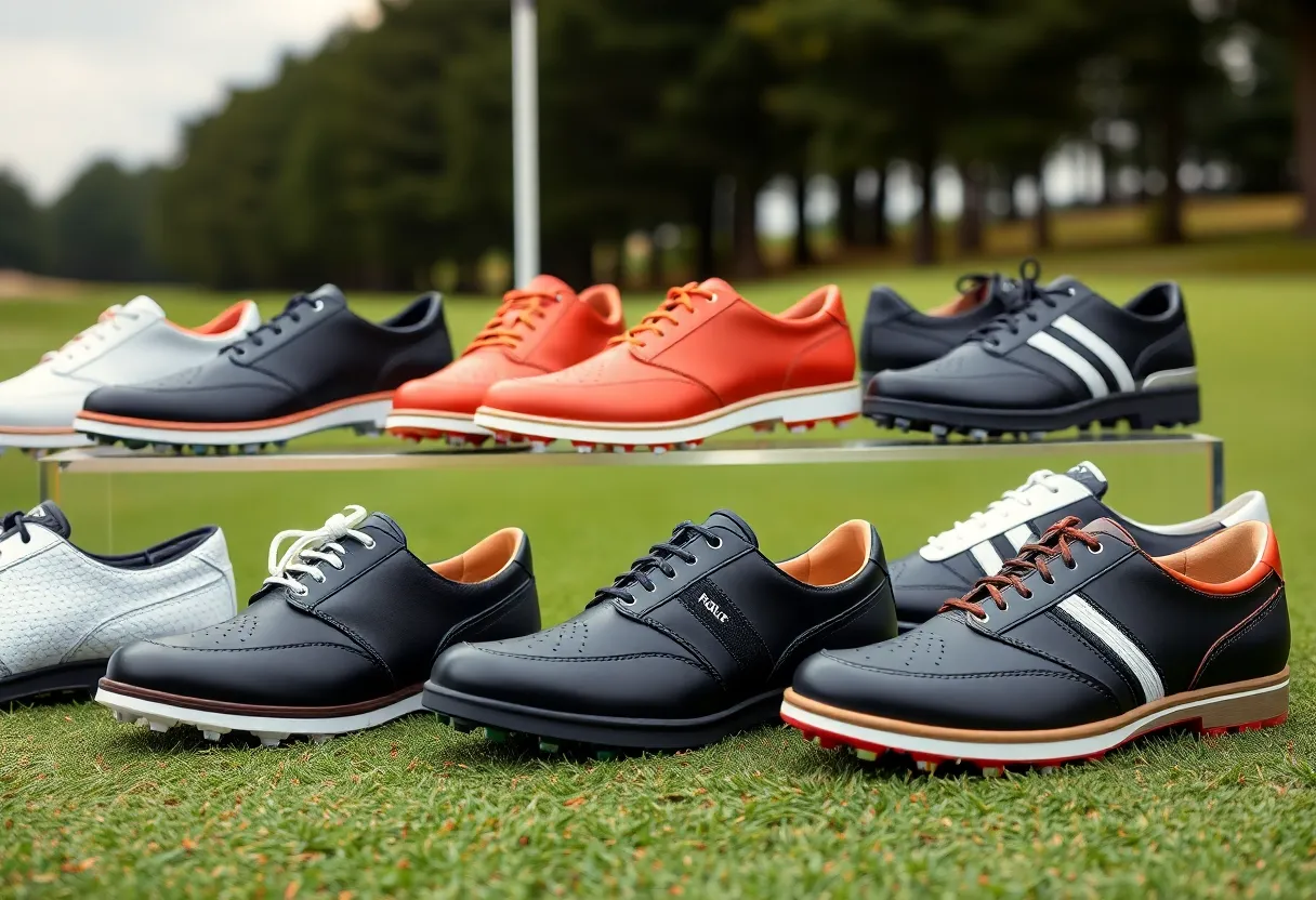 Display of top golf shoes for 2025 on a golf course