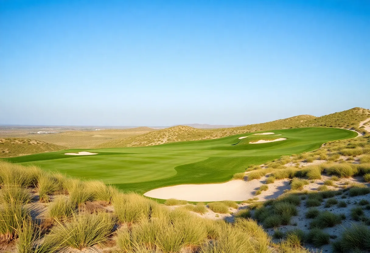 A beautiful golf course landscape with natural sandy terrain and strategic bunkers.
