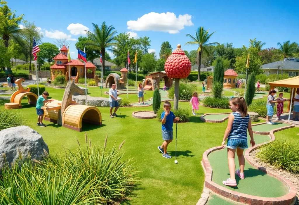 Colorful mini golf course with creative obstacles and happy players