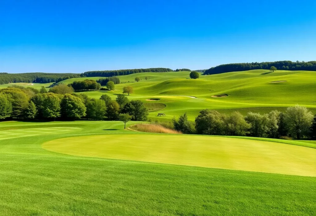 Beautiful golf course in Wisconsin with players teeing off in a sunny landscape.