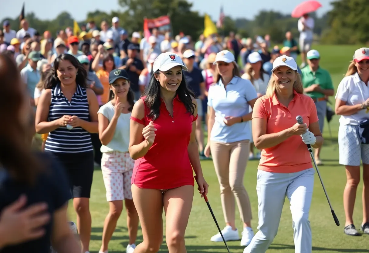 Diverse women enjoying golf during Women’s Golf Day celebration.