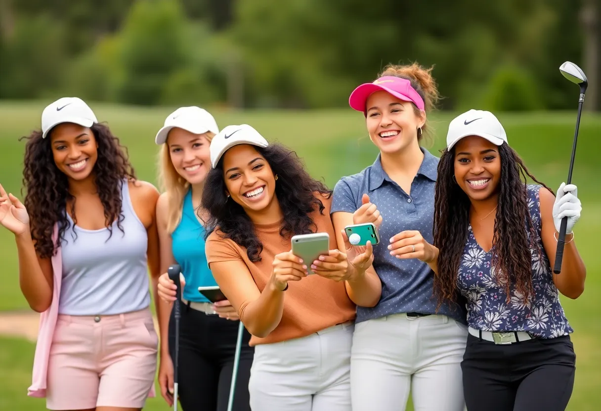 Group of women celebrating at a golf course with technology