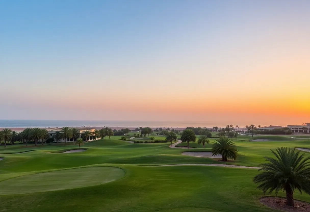 Scenic view of Yas Links golf course with Arabian Gulf backdrop