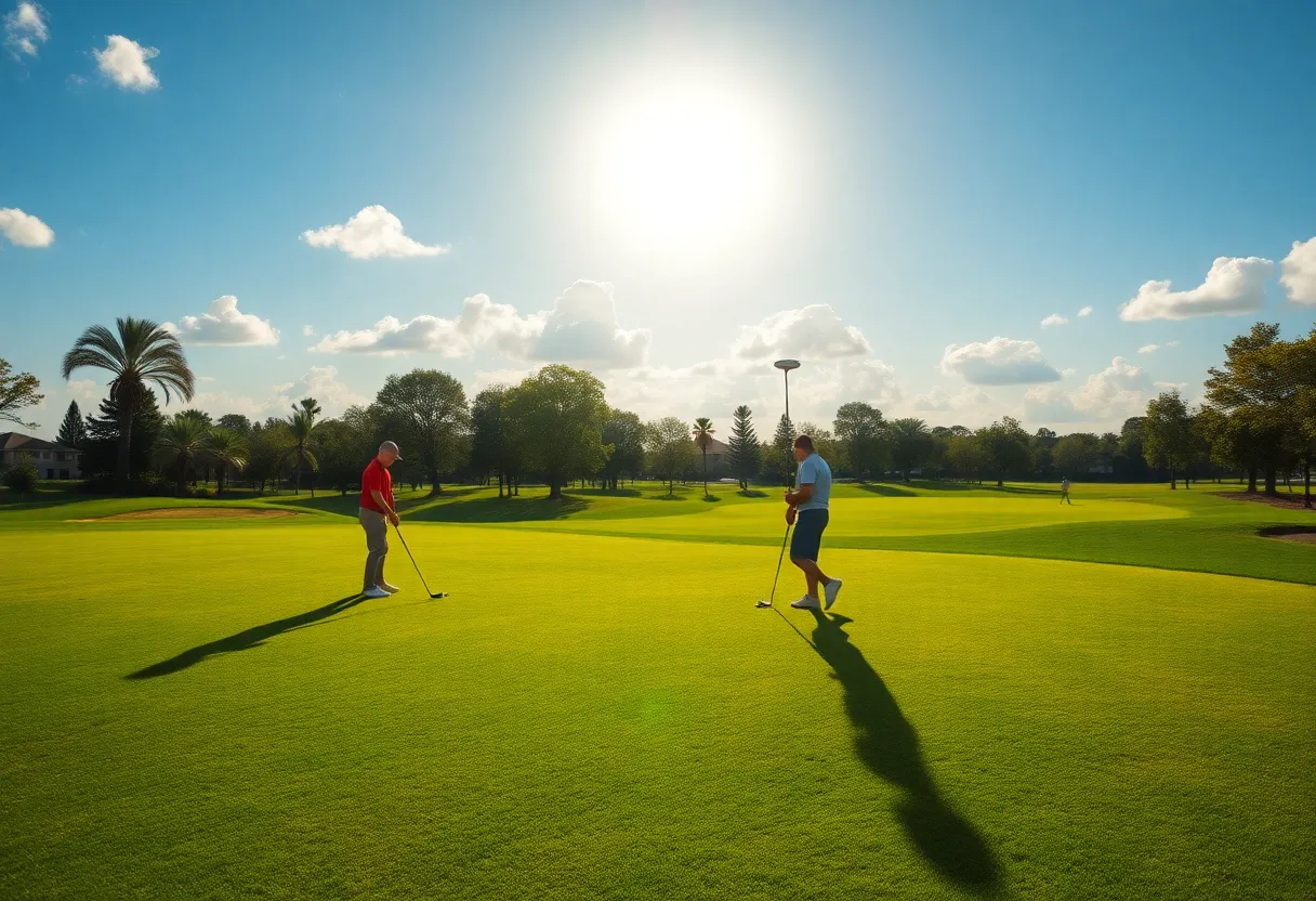 Young golfers practicing on a golf course during an event