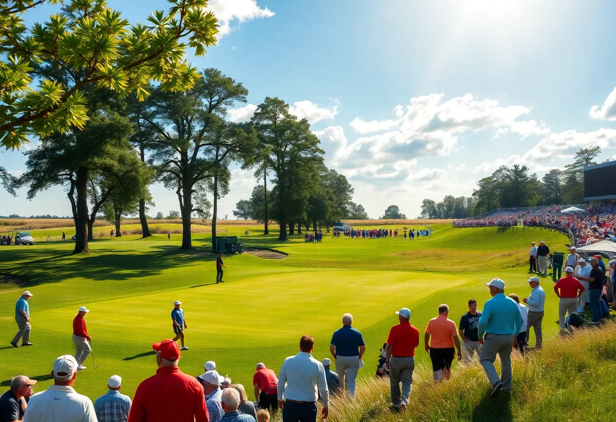 Golfers playing in a major tournament at a picturesque course.