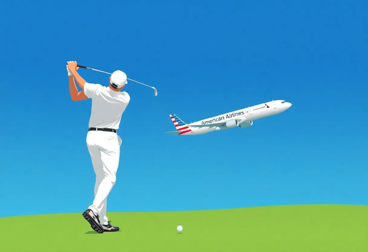 Golfer with airplane in background representing American Airlines and PGA collaboration