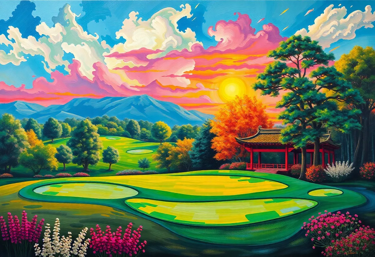 A colorful artistic depiction of a golf course reflecting cultural themes.