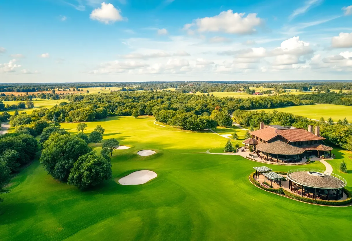 Lush landscape of Brookline Golf Course with golfers and restaurant visible.