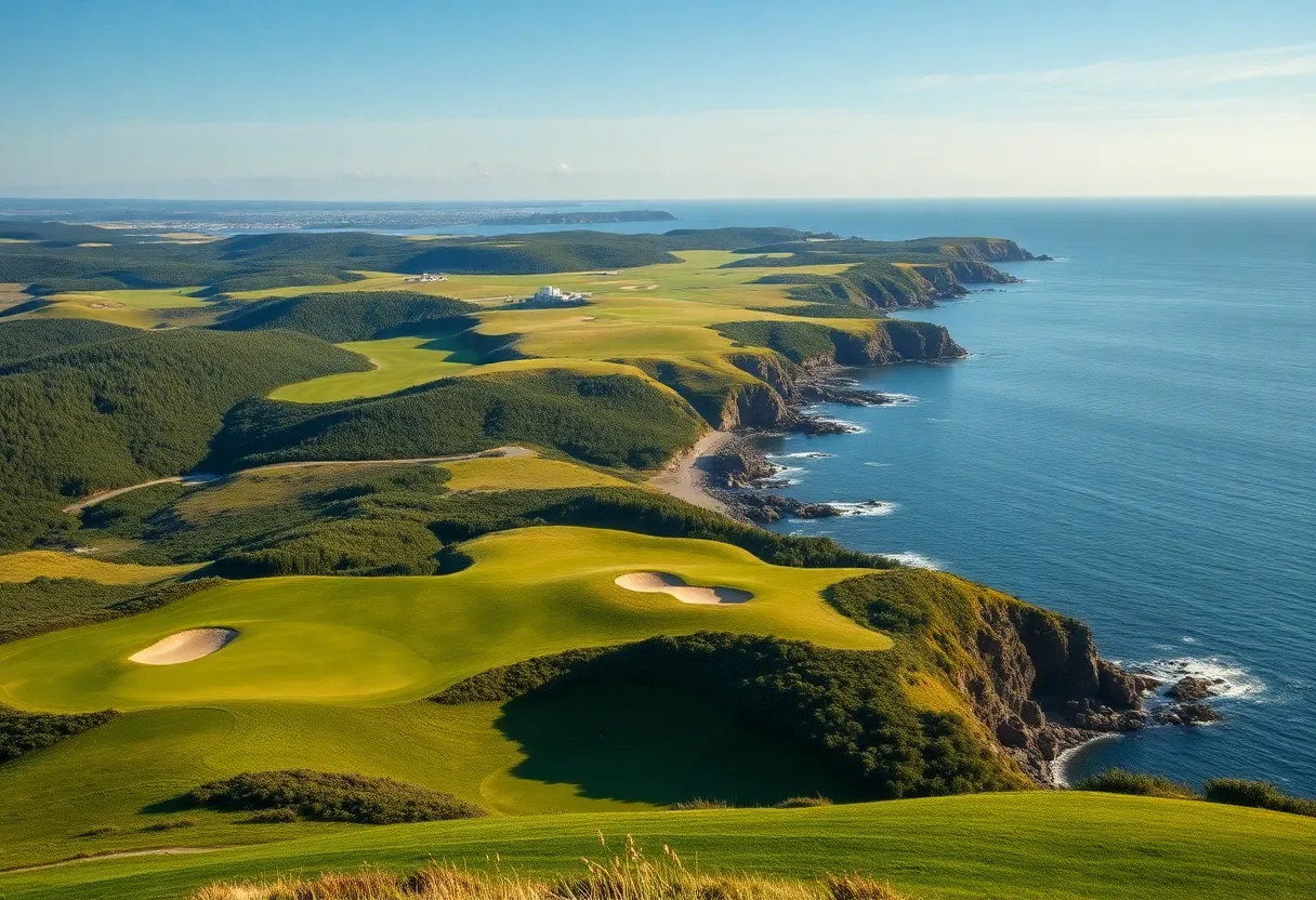 Scenic view of Cabot Cape Breton golf course with ocean backdrop.