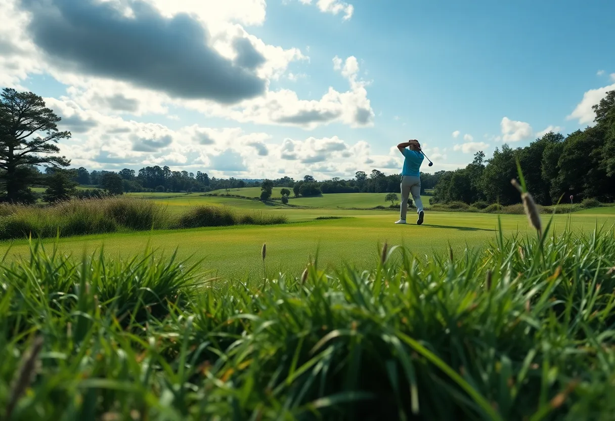 A golfer preparing to swing on a challenging golf course