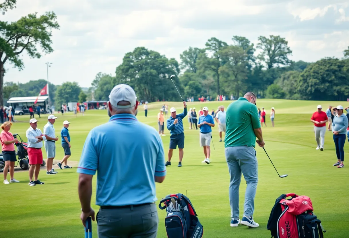 Participants enjoying a charity golf tournament on a sunny day.