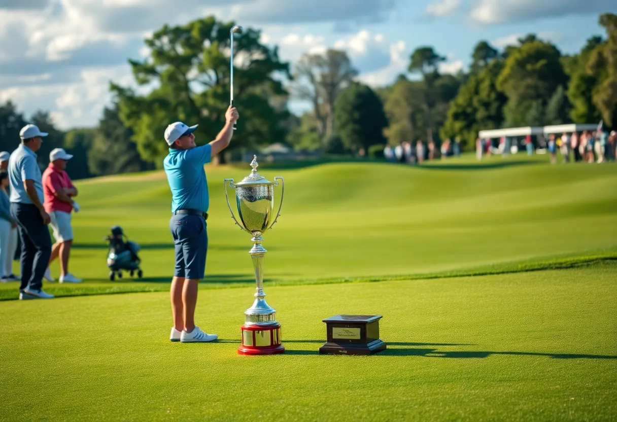 Golfer celebrating victory with trophy on course