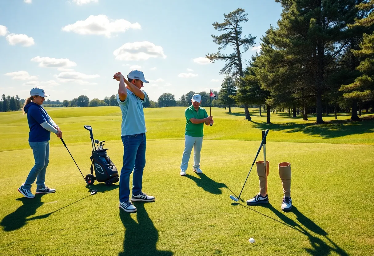 Golf coach assisting young players at a sunny golf course