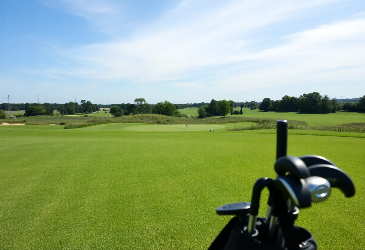 A father and son enjoying a game of golf on a beautiful course.
