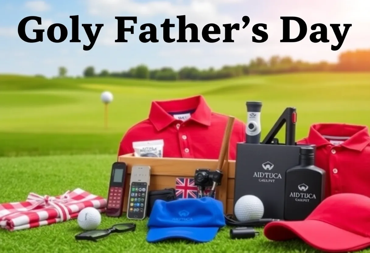 A variety of golf gifts for Father's Day displayed on a golf course