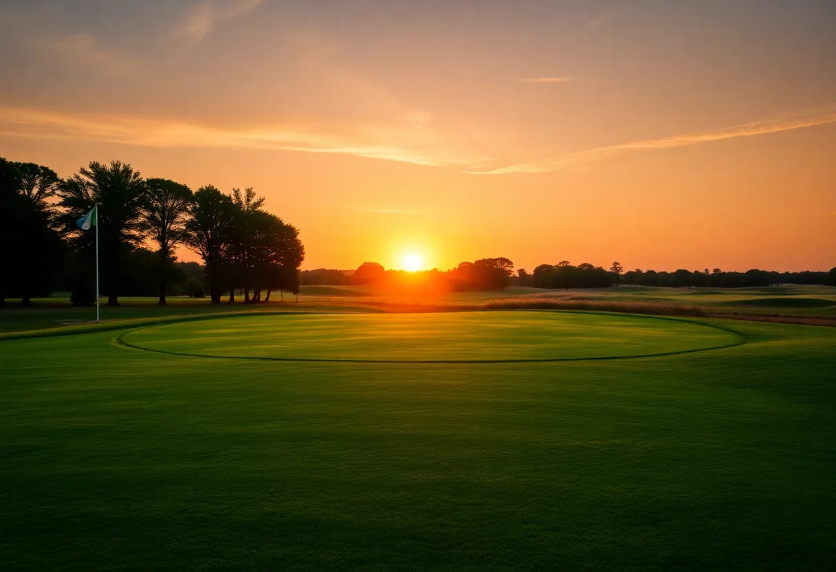 A beautiful golf course at sunset representing leadership in the golf industry.