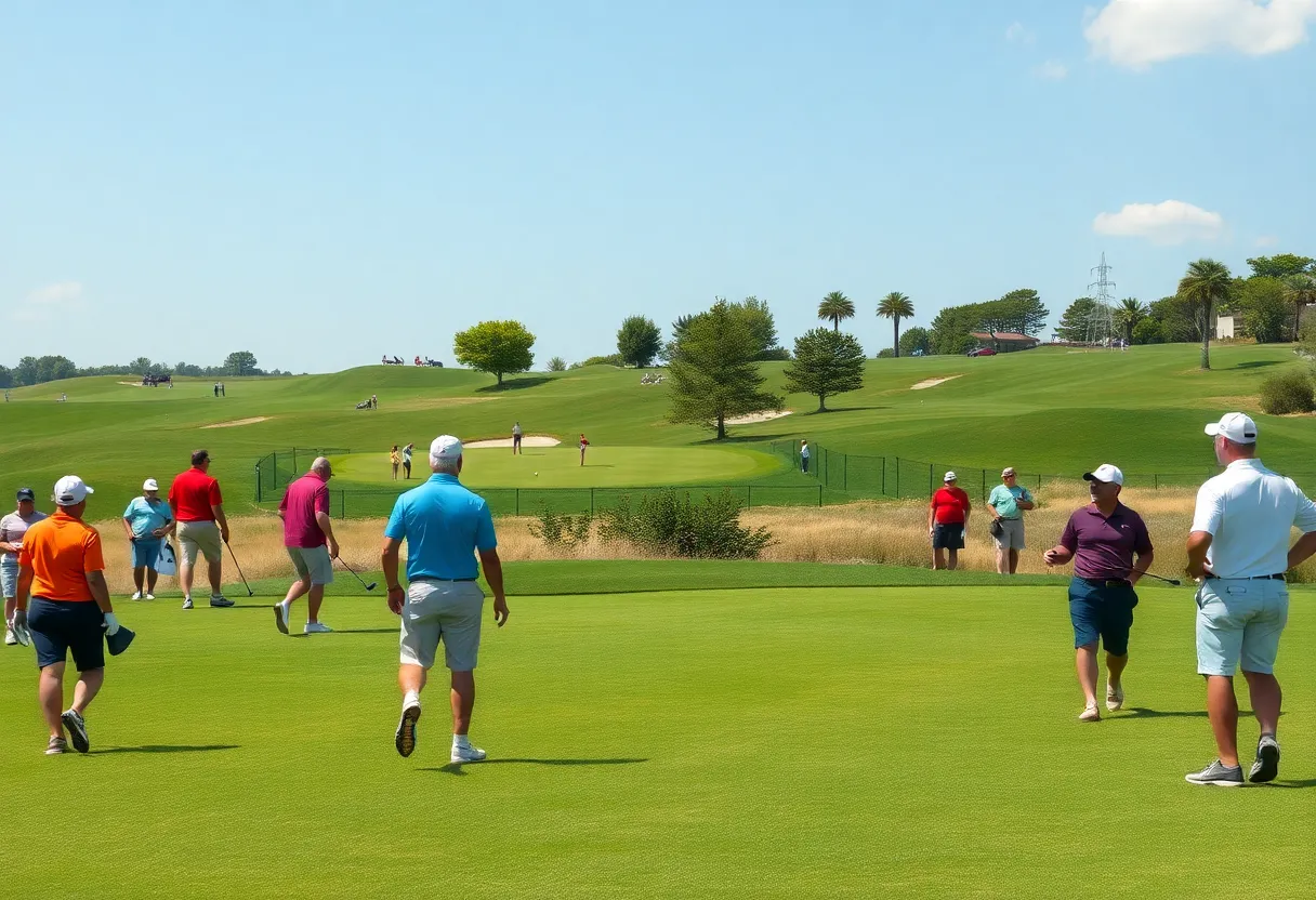 Golfers playing on a sunny golf course with open fairways.