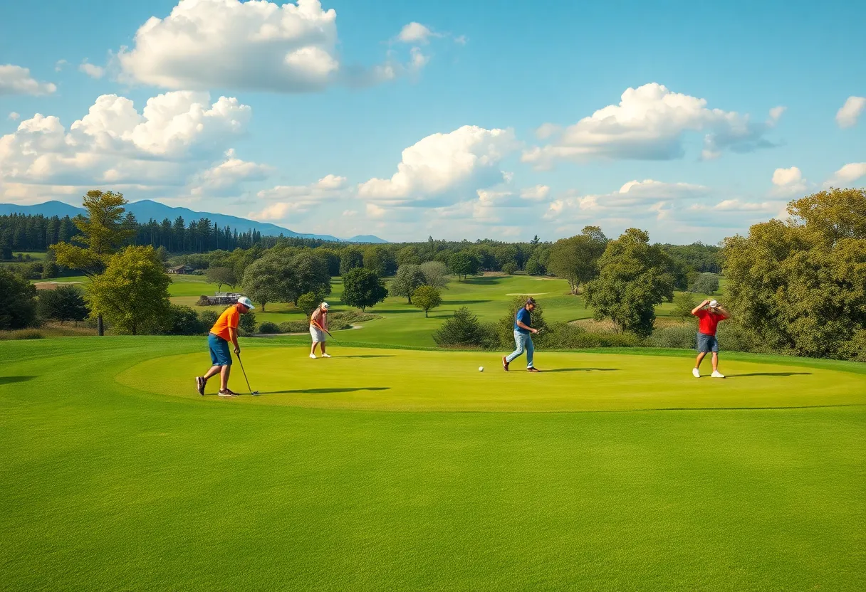 A colorful golf course with diverse players representing innovation in golf.