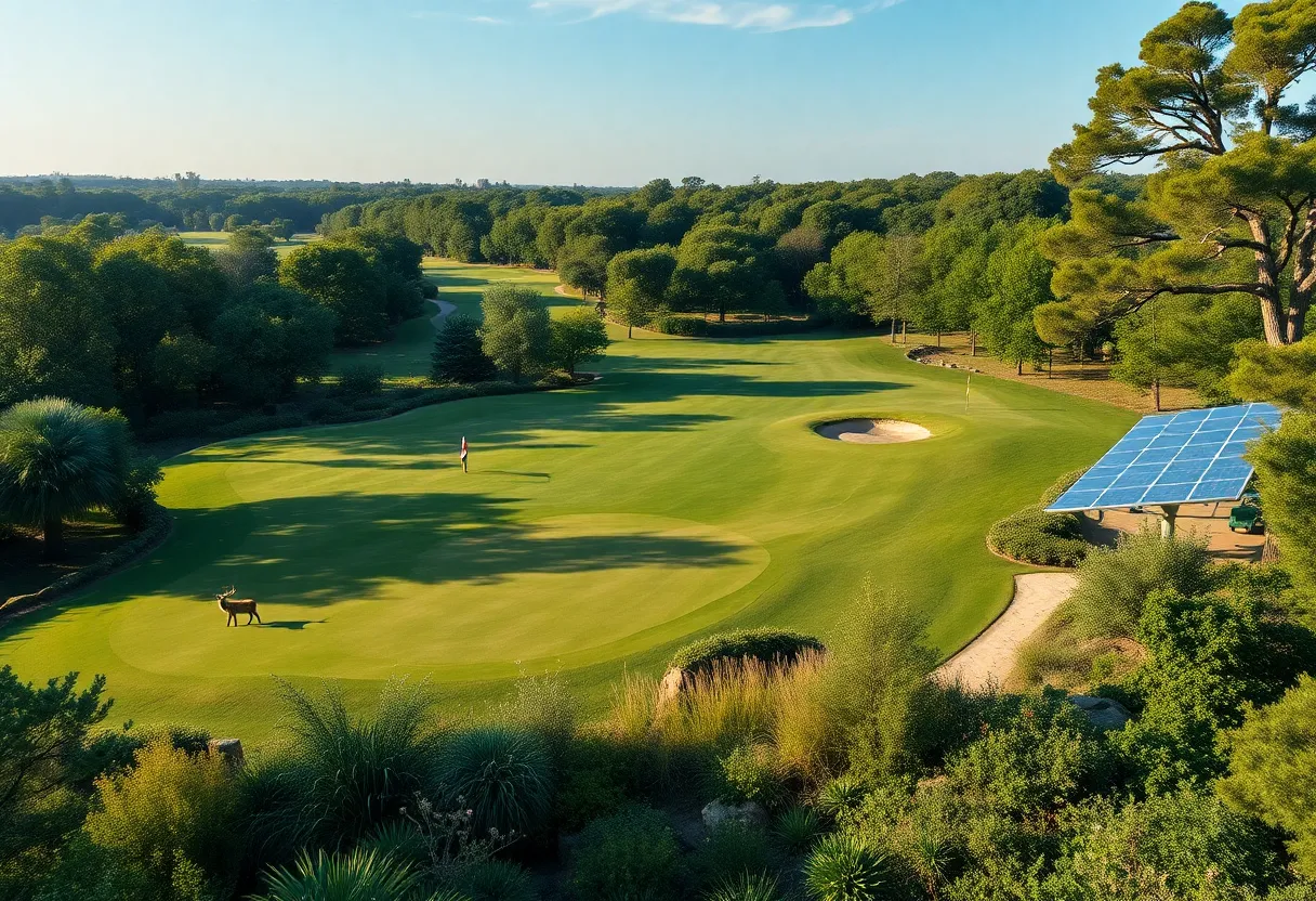 Sustainable golf course with solar panels and natural landscapes
