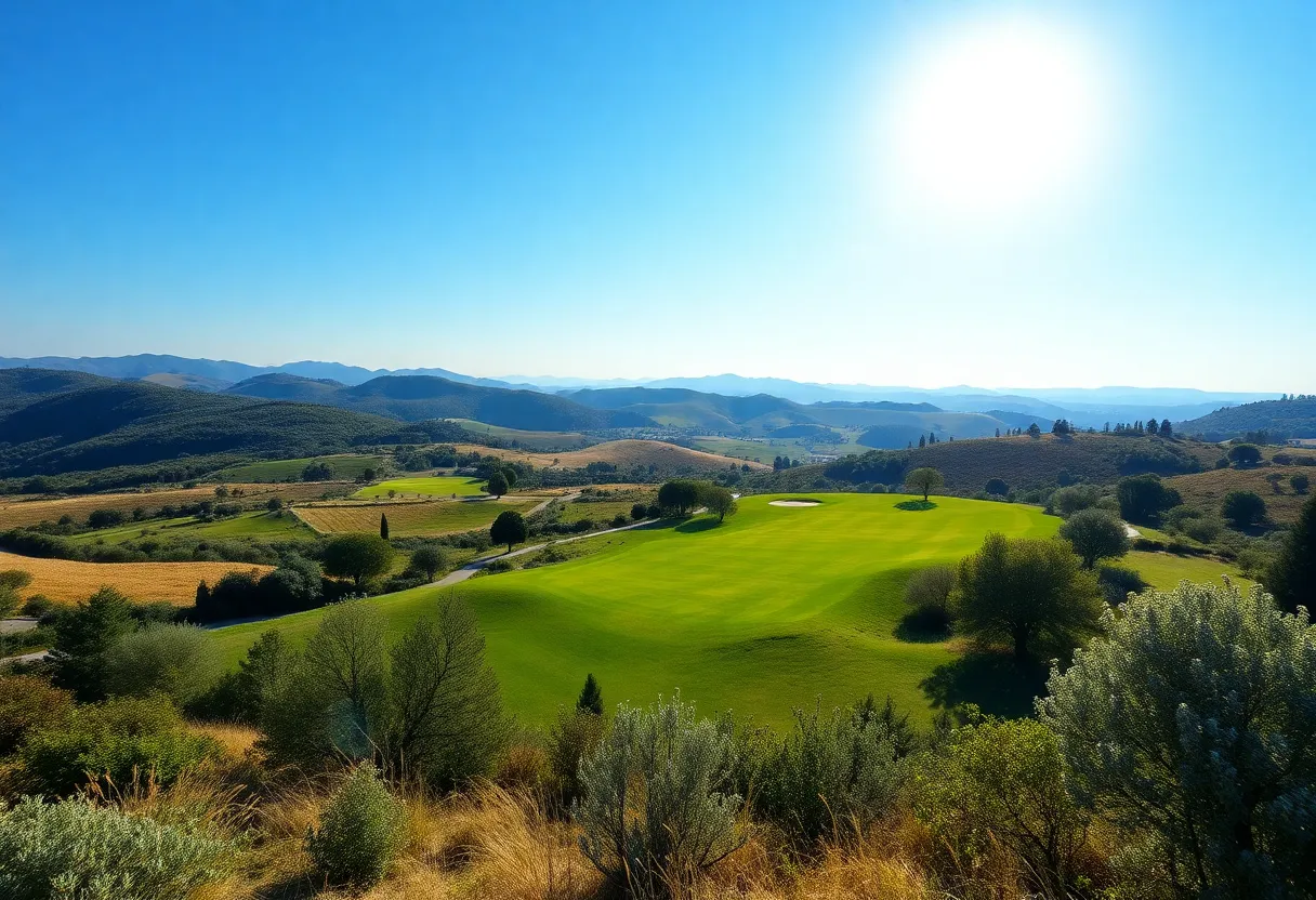 Scenic view of a golf course in Tuscany with Mediterranean vegetation
