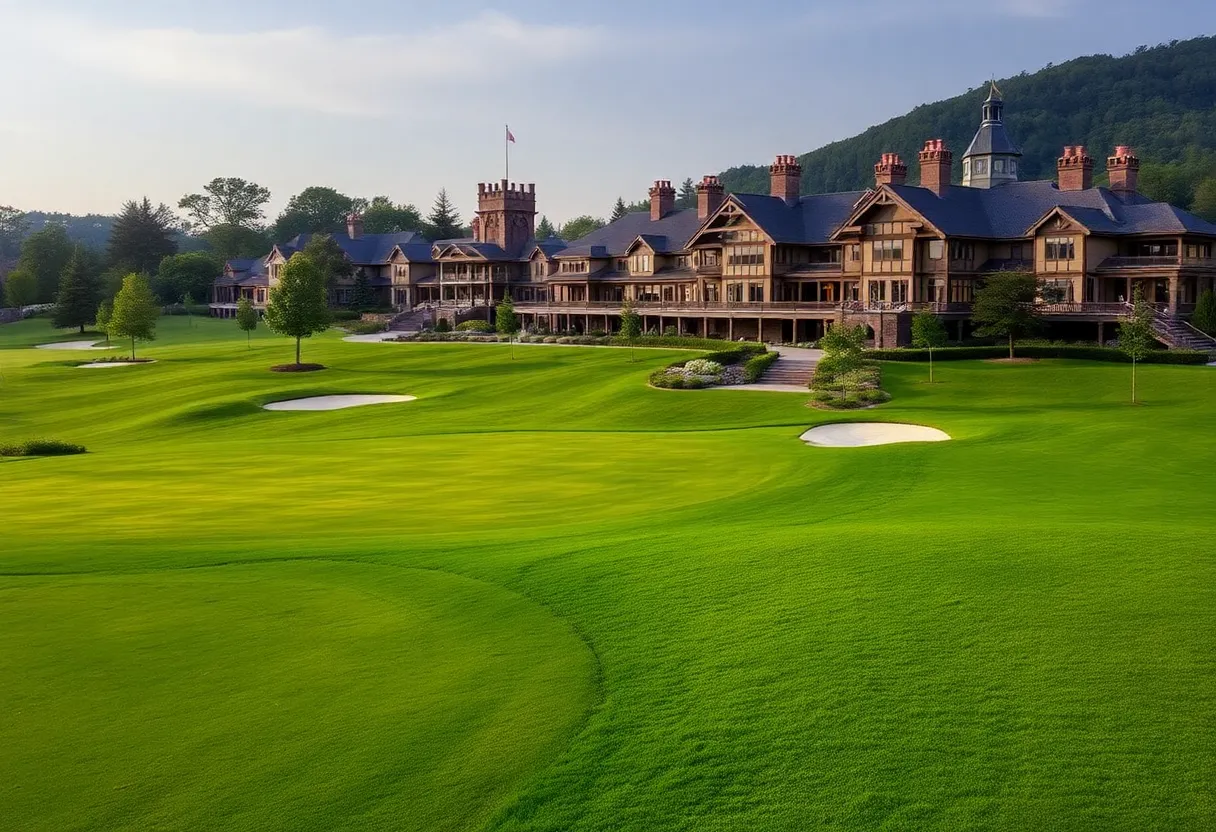 A view of the Mid Pines Inn and Pine Needles Lodge under renovation with lush greenery around.