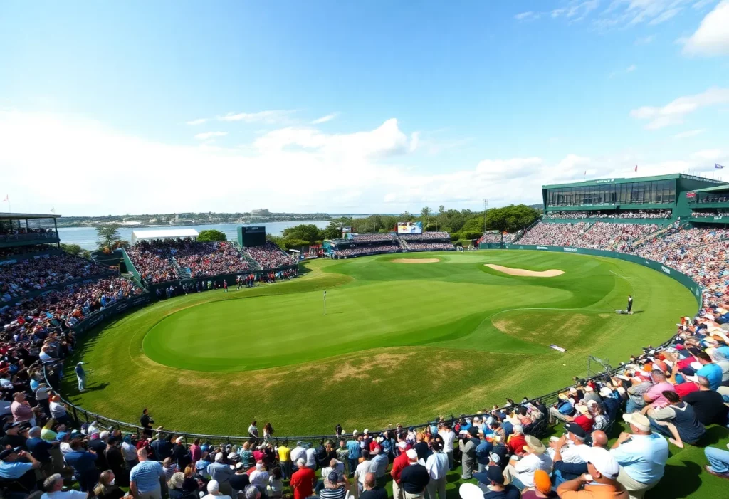 Aerial view of a golf tournament showing players and fans.