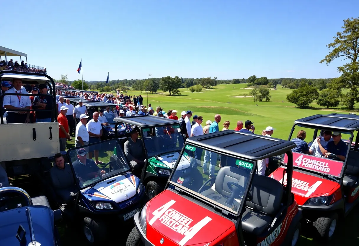 Golf fans and players at a tournament with branded golf cars