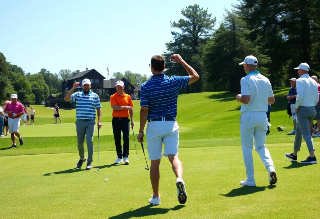 Golf tournament scene with players and spectators enjoying the event