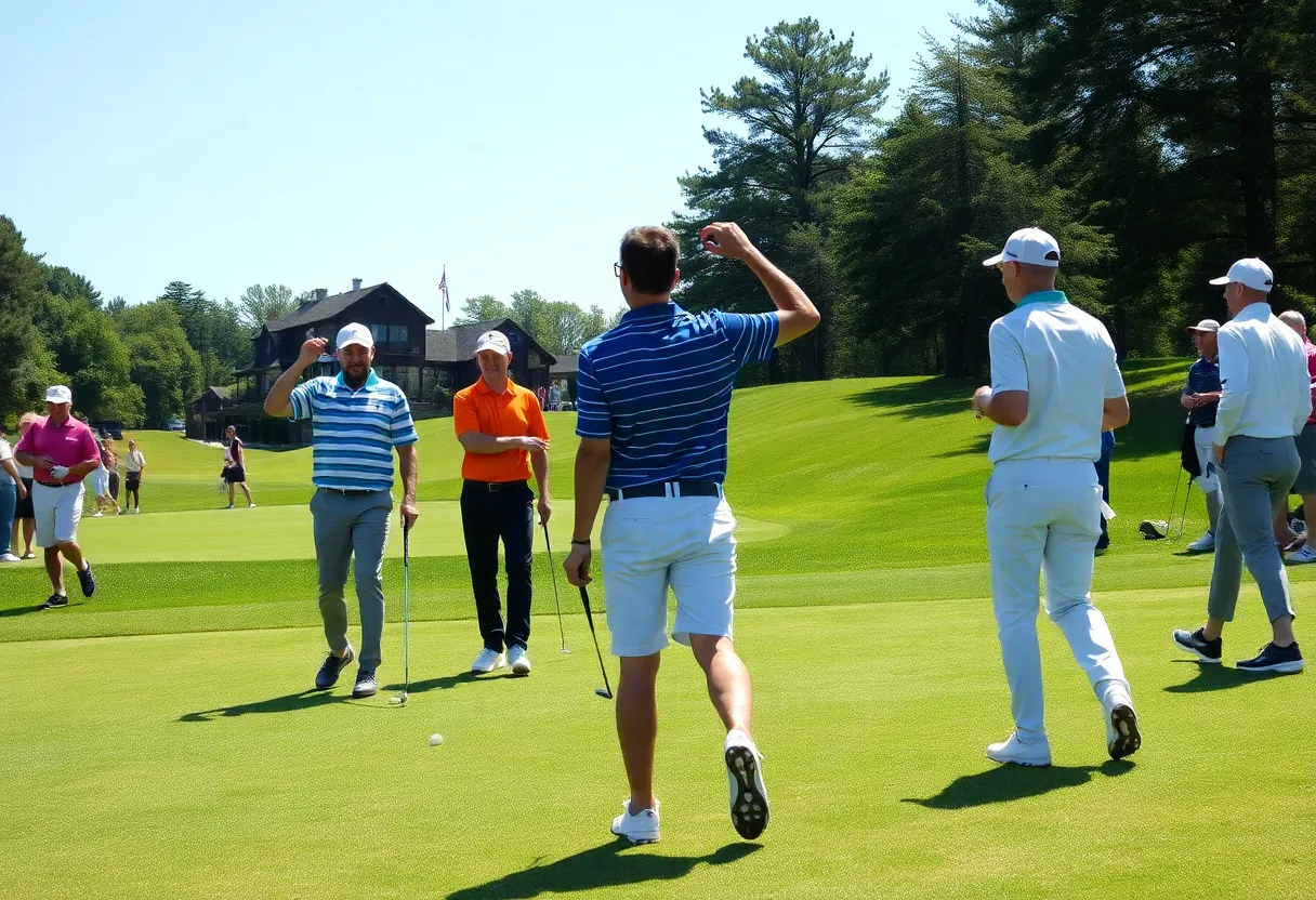 Golf tournament scene with players and spectators enjoying the event