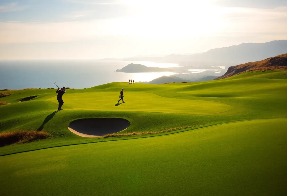 A golfer playing on a picturesque golf course with scenic backgrounds.