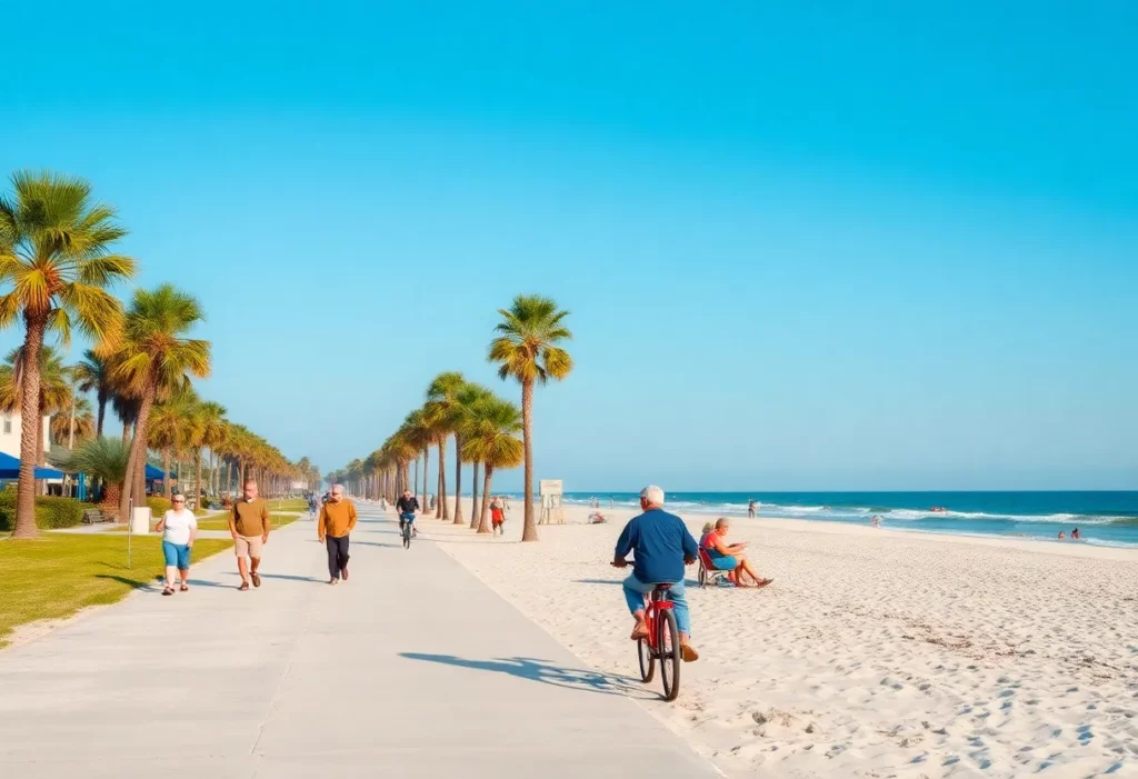 Scenic Gulf Coast beach with retirees enjoying outdoor activities.
