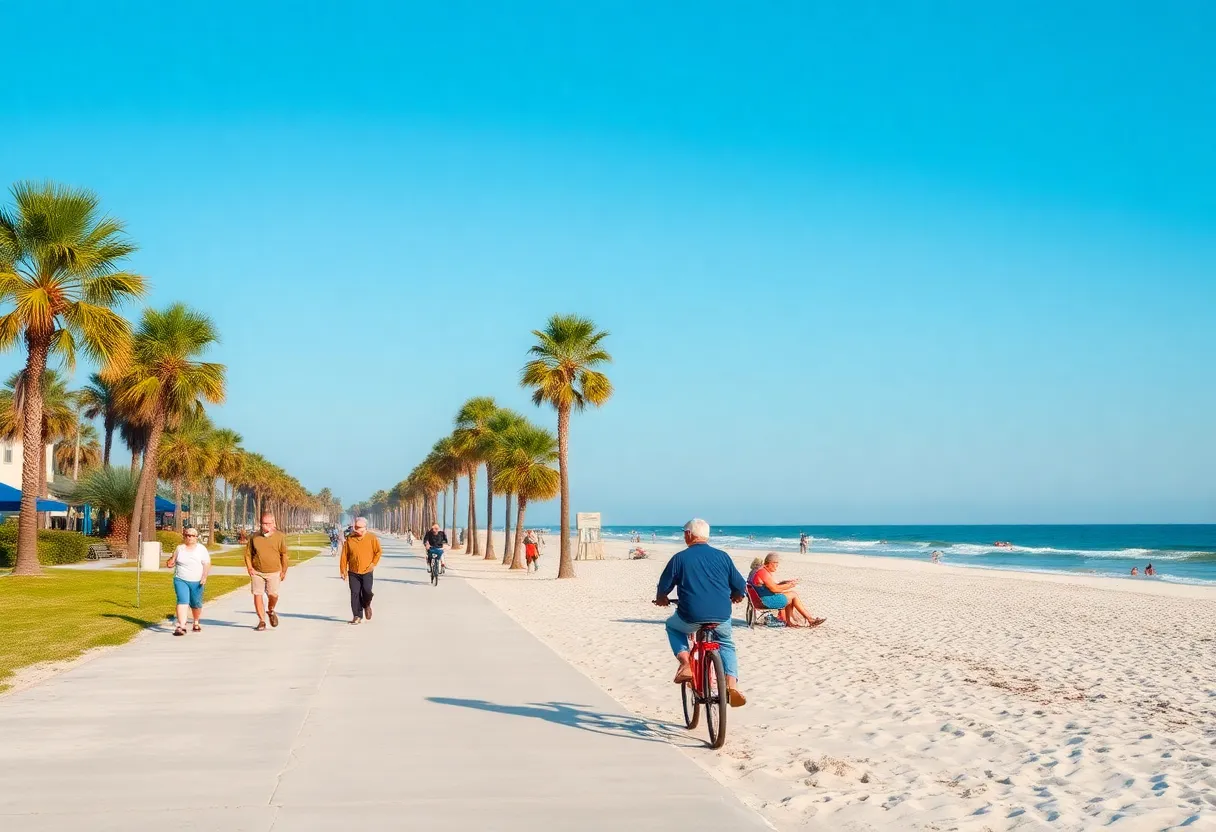 Scenic Gulf Coast beach with retirees enjoying outdoor activities.