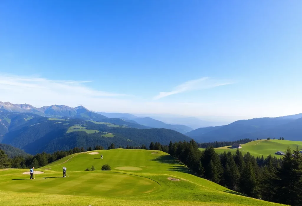 Beautiful view of Gulmarg Golf Course surrounded by mountains.