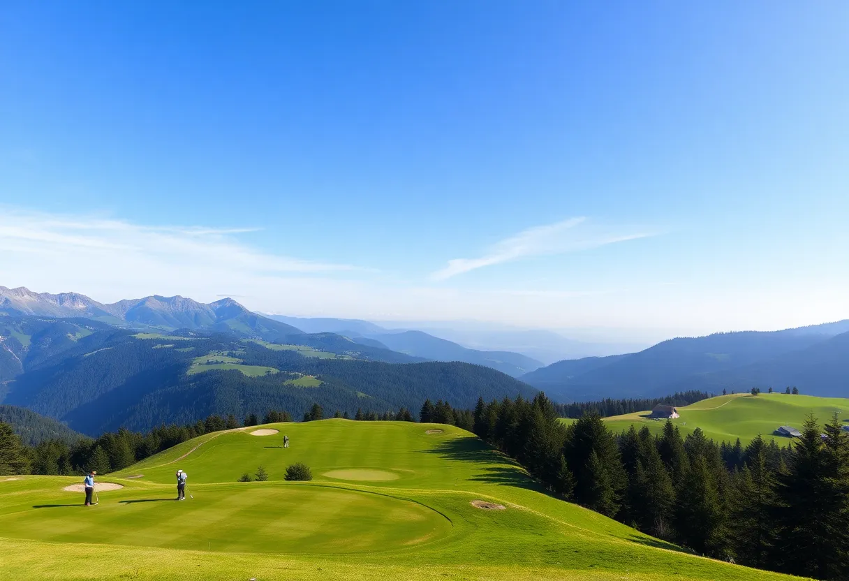Scenic view of the Gulmarg Golf Course amidst mountains.